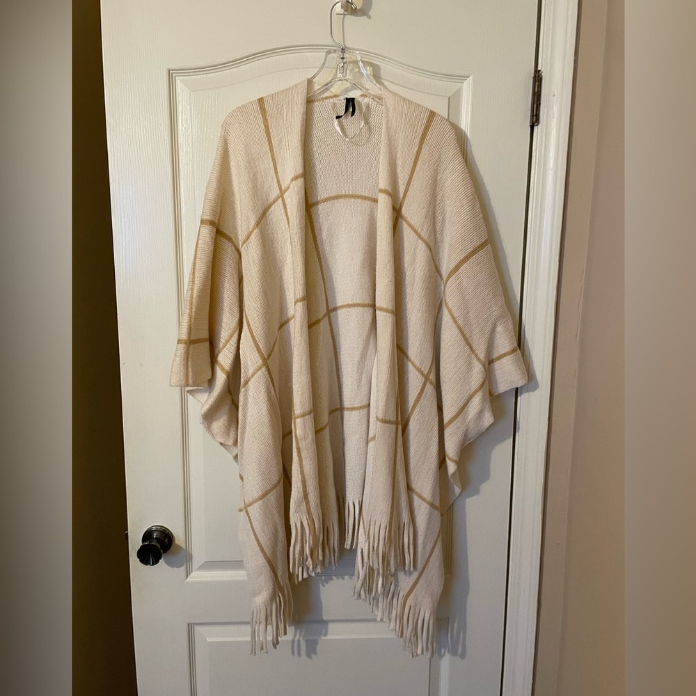 Lane Bryant Window Pane Open-Front Poncho One Size Cream Camel Fringe Trim
